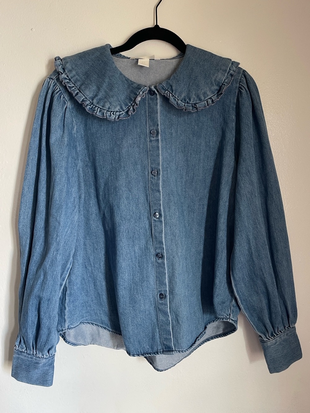 Blue Denim Peter Pan Ruffle Collar Button Down Blouse M Western Cottagecore